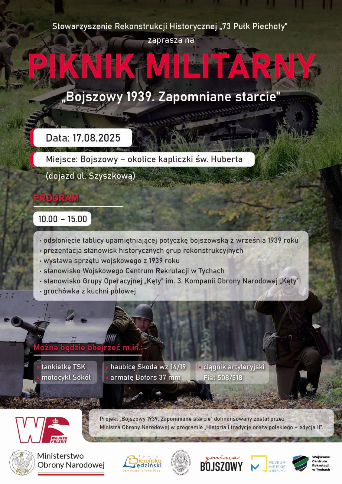 Plakat informacyjny. W tle na zielonej trawie stoi czołg oraz żołnierze w historycznych mundurach. Na pierwszym planie informacje o Pikniku Militarnym.